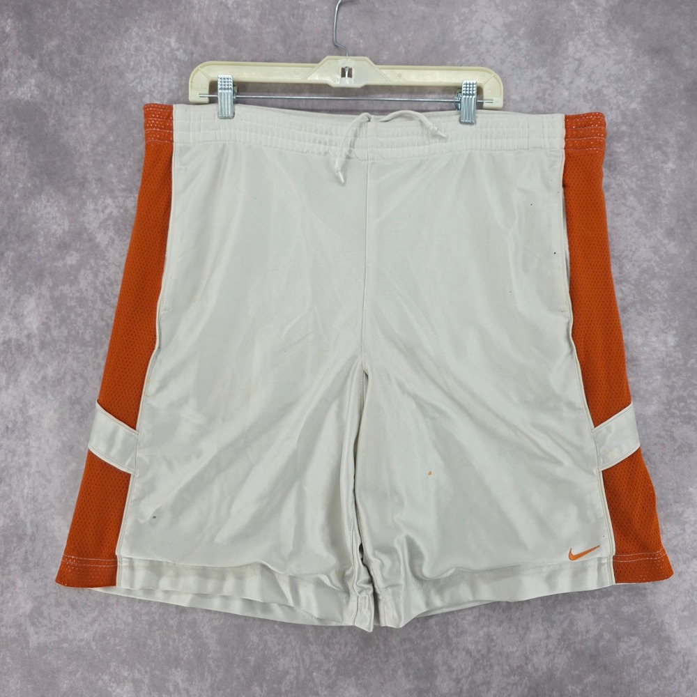 Vintage Nike Mens Athletic Shiny Shorts Cream Orange Drawstring Swoosh Logo XL
